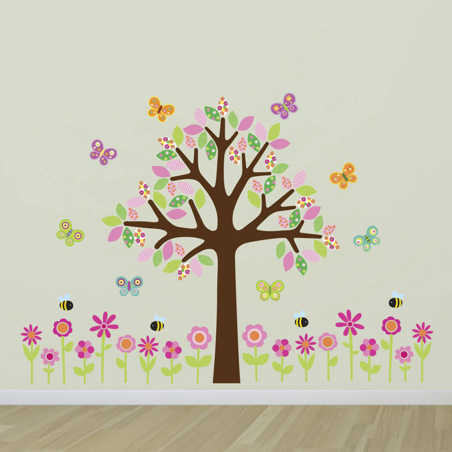 Tree With Flowers, Butterflies And Bees Wall Sticker By Mirrorin ...