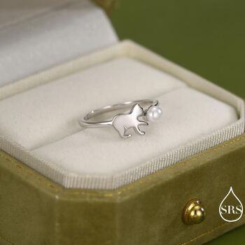 Sterling Silver Cat Playing With Ball Ring With Natural Button Shaped Pearls, 2 of 12