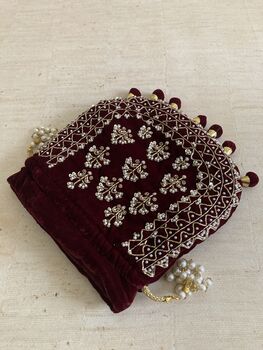 Maroon Velvet Handcrafted Luxury Potli/Wrist Bag, 2 of 10