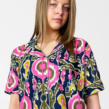 Ikat Print 100% Cotton Ladies Pyjama Short Set In Navy And Pink, 2 of 10