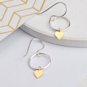 Tiny Sterling Silver Hoop And Heart Drop Earrings, 2 of 7