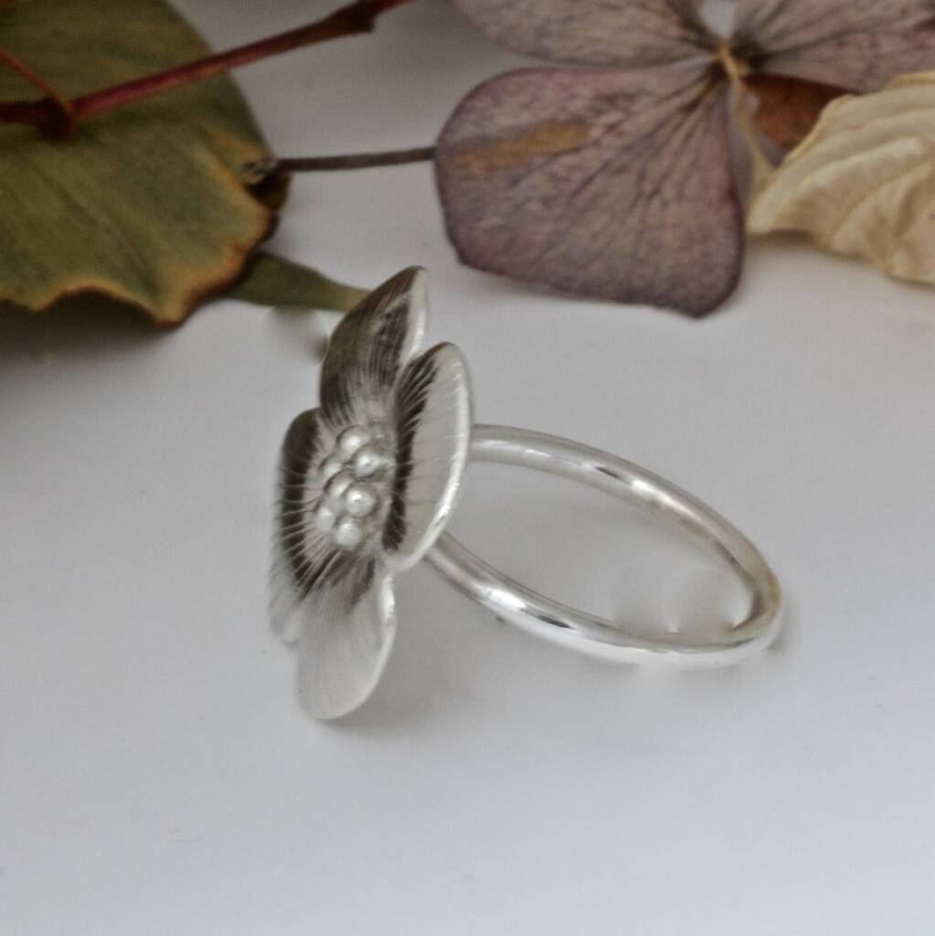 Silver Four Petal Flower Ring, Silver Floral Ring By Caroline Brook