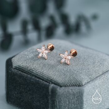 Sterling Silver Cz Flower Internally Threaded Flat Back, 5 of 11