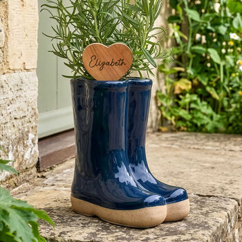 Navy Blue Heart Shaped Personalised Welly Planter Gift, 2 of 5
