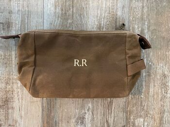 Personalised Initial Men's Waxed Cotton Canvas Wash Bag, 7 of 9