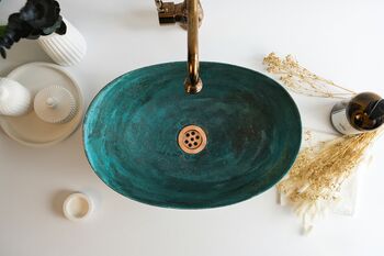 Verdigris Green Patina Solid Copper Sink – Handmade Vessel Basin For Kitchen And Bathroom, 10 of 12