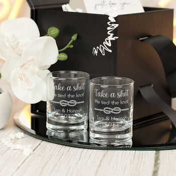 Pair Of We Tied The Knot Wedding Keepsake Shot Glasses, 4 of 5