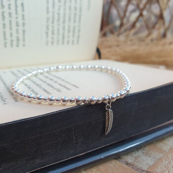 Sterling Silver Feather Charm Stretch Bead Anklet, 2 of 3