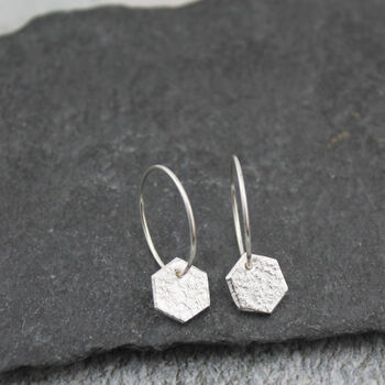 Sterling Silver Textured Hexagon Charm Hoops, 6 of 8