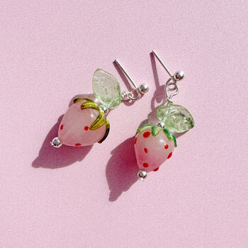 Murano Glass Strawberry And Leaf Stud Earrings, 2 of 7