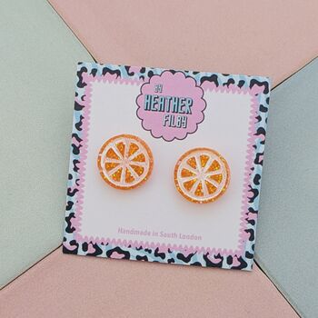 Orange Glitter Orange Slice Stud Earrings, 3 of 5