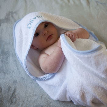 Personalised Baby Hooded Towel Edged In Blue Gingham, 3 of 6