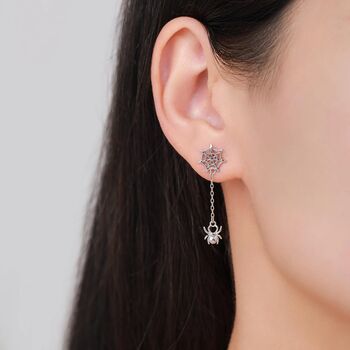 Sterling Silver Dangling Spider And Spider Web Stud Earrings, 2 of 12