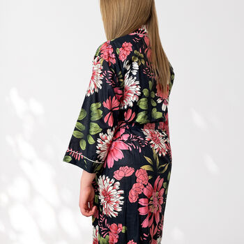 Black And Pink Flower Print Cotton Dressing Gown Kimono, 6 of 11