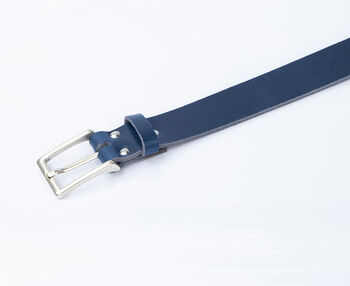 Handmade Mens Premium Leather Belt Blue 35mm Wide, 4 of 10