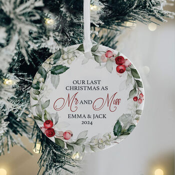Last Christmas As Mr And Miss Personalised Ceramic Tree Decoration, 2 of 3