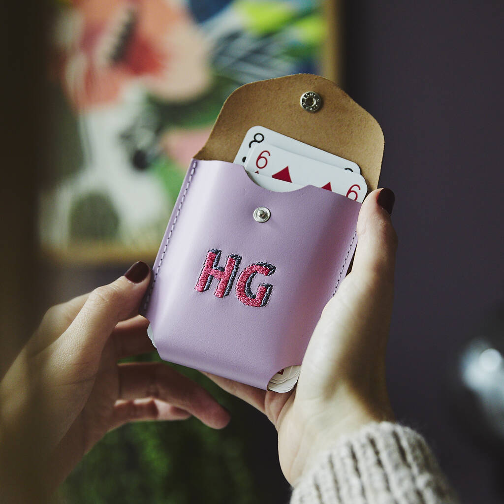 Image of Shadow Lettering Embroidered Leather Playing Cards Case