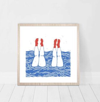 'Swimming Ladies Handstand' Square Lino Art Print, 2 of 2