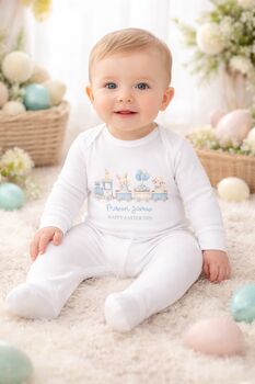 Personalised 'My First Easter' Train Baby Sleepsuit, 3 of 3