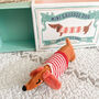 Sausage Dog In A Box, Matchbox Soft Toy, thumbnail 1 of 5