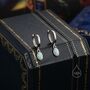 Sterling Silver Dangling Oval White Opal Hoop Earrings, thumbnail 3 of 11