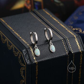 Sterling Silver Dangling Oval White Opal Hoop Earrings, 3 of 11
