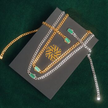 Silver Malachite Gemstone Cuban Bracelet For Men, 3 of 11