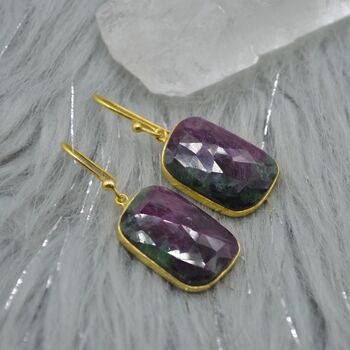 Ruby Zoisite Earrings: Gold Plated Silver, Anyolite, Teardrop Or Rectangular Dangle Drop, 3 of 12
