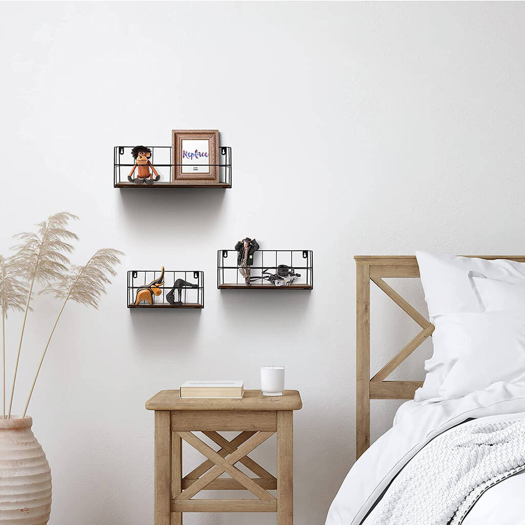 Pack Of Three Wood Floating Shelves Wire Frame By Momentum ...