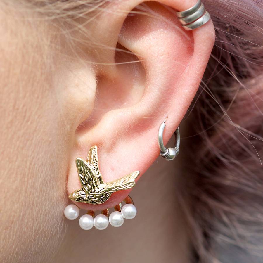 Two way pearl swallow earrings by junk jewels notonthehighstreet