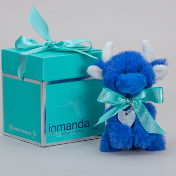 Personalised Mini Dark Blue Highland Soft Plush Toy Cow, Gift Boxed With Engraved Tag, 4 of 11