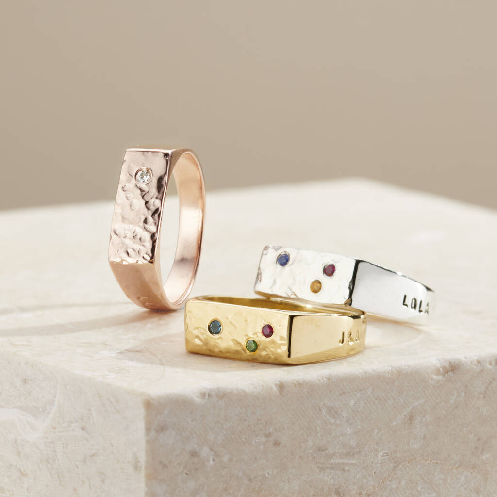 Personalised Rectangle Confetti Birthstone Signet Ring, 1 of 10