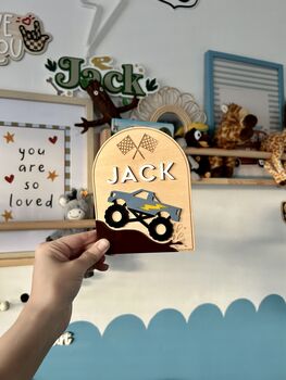 Personalised Wooden Monster Truck Name Plaque / Shelf Sitter Car Garage Playroom Sign, 3 of 4