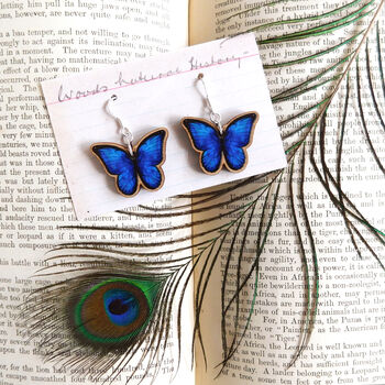 Blue Morpho Butterfly Wooden Earrings, 3 of 10