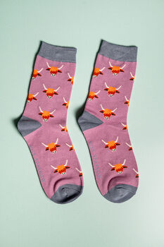 Highland Cow Navy Bamboo Socks, 4 of 8