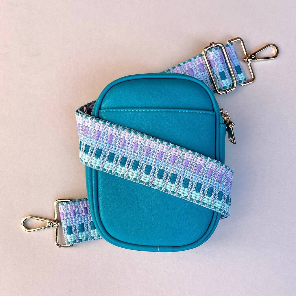 Woven Aztec Stripe Bag Strap In Teal And Lilac By Nest Gifts