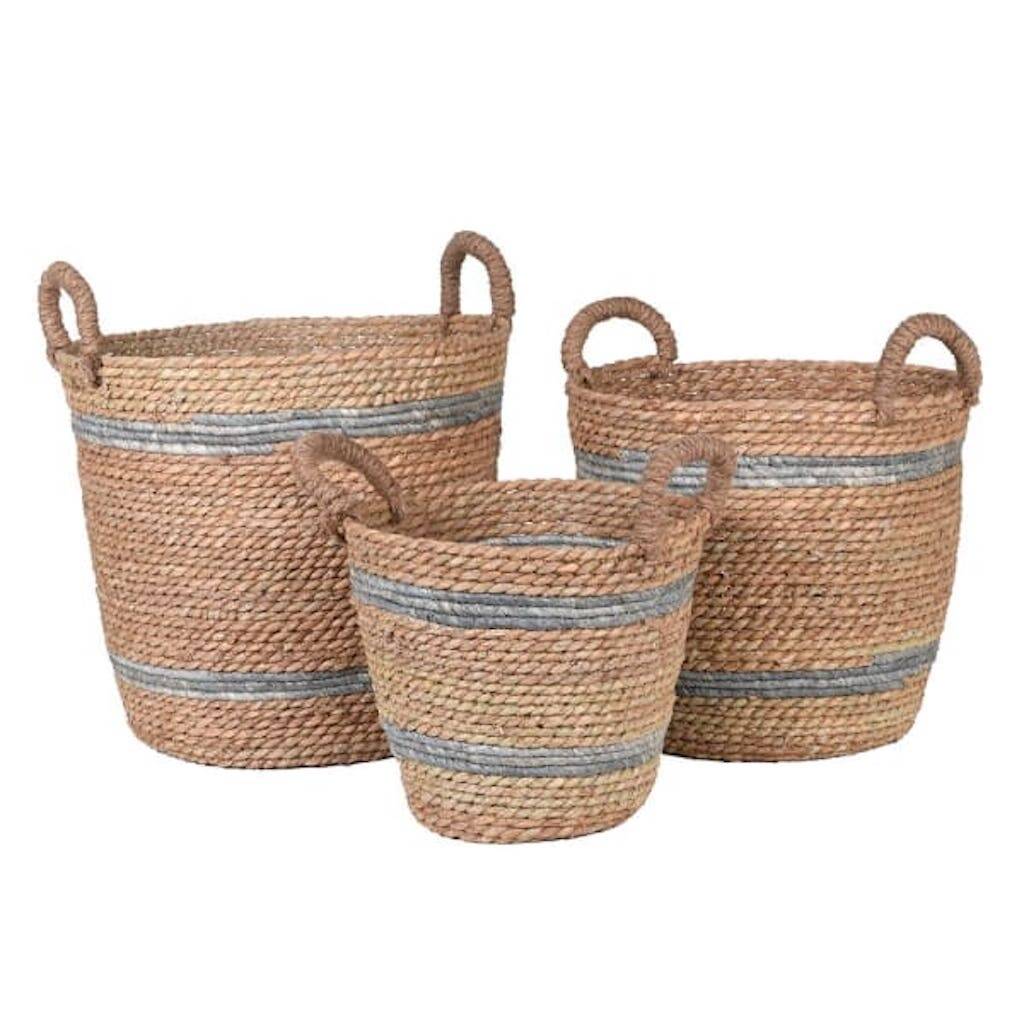 Set Of Three Natural And Grey Stripe Baskets