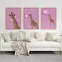 Set Of Three Giraffe Bubblegum Pink Wall Art Print, thumbnail 1 of 4