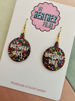 Rainbow Bauble 'Birthday Girl' Glitter Earrings / Rainbow Party Jewellery Birthday Gift For Her / Multi Colour Glitter Statement Confetti Jewellery, 4 of 5