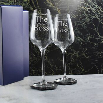 Personalised The Boss Wine Glasses For Couple, 3 of 6