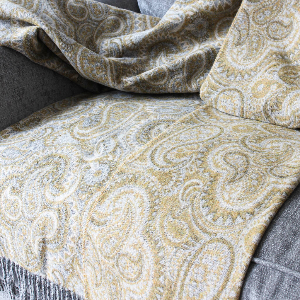 ochre and grey paisley lambswool throw by marquis & dawe