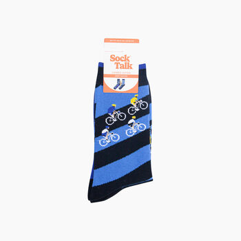 Bike Race Stripes Combed Cotton Odd Socks In Blue, 4 of 4