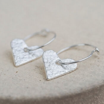 Sterling Silver Textured Heart Charm Hoops, 2 of 10