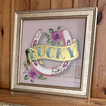 Lucky Horseshoe Reverse Glass Gold Leaf Wall Art Sign, 10 of 10