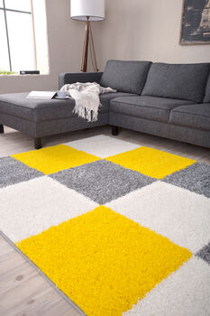 The Rugs Geometric Shaggy Rug Yellow Checkered Rug, 4 of 12