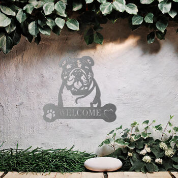 Customisable Bulldog Welcome Metal Wall Art Sign For Home And Garden Decor, 7 of 11