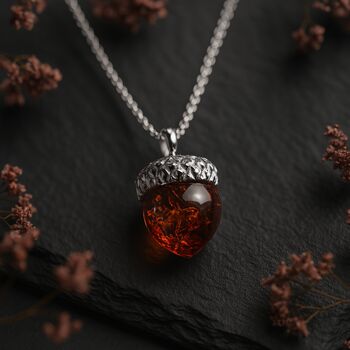 Personalised Sterling Silver Baltic Amber Acorn Necklace, 2 of 9