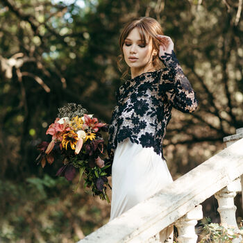 Black Macrame Lace Top Long Sleeved Wedding Dress Topper, 4 of 10