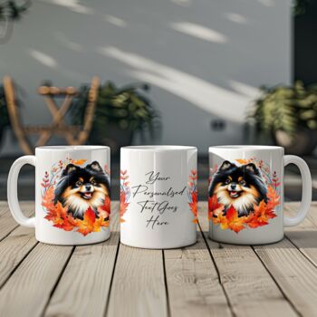 Personalised Dog Mug Black And Tan Pomeranian In An Autumn Wreath, 2 of 2