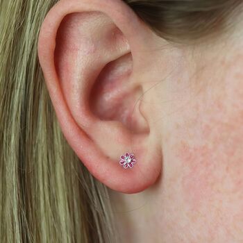 Tiny Sterling Silver Pink Flower Stud Earrings, 5 of 9